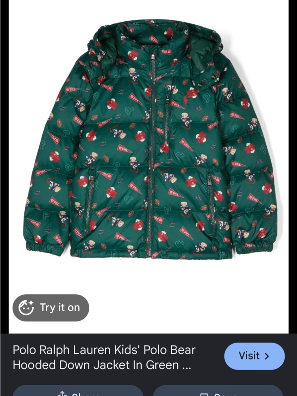 Polo Ralph Lauren Kids Polo Bear Water Repellent Down Puffer Jacket Size 5